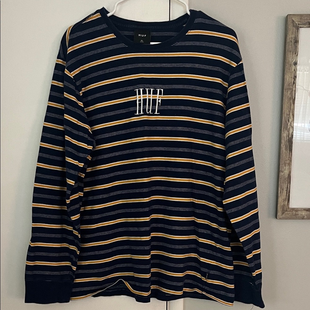 HUF Men's Navy and Gold Striped Long Sleeve Tee